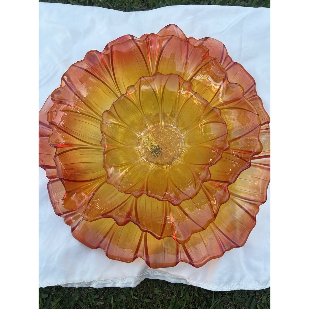 Rare Mikasa Sunflower‎ Amber Bowl opalescent Glass Germany 3pc spring fall